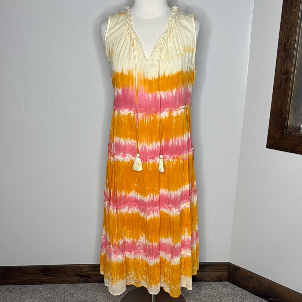 THML Orange and Pink Sleeveless Tie Dye Maxi Sundress